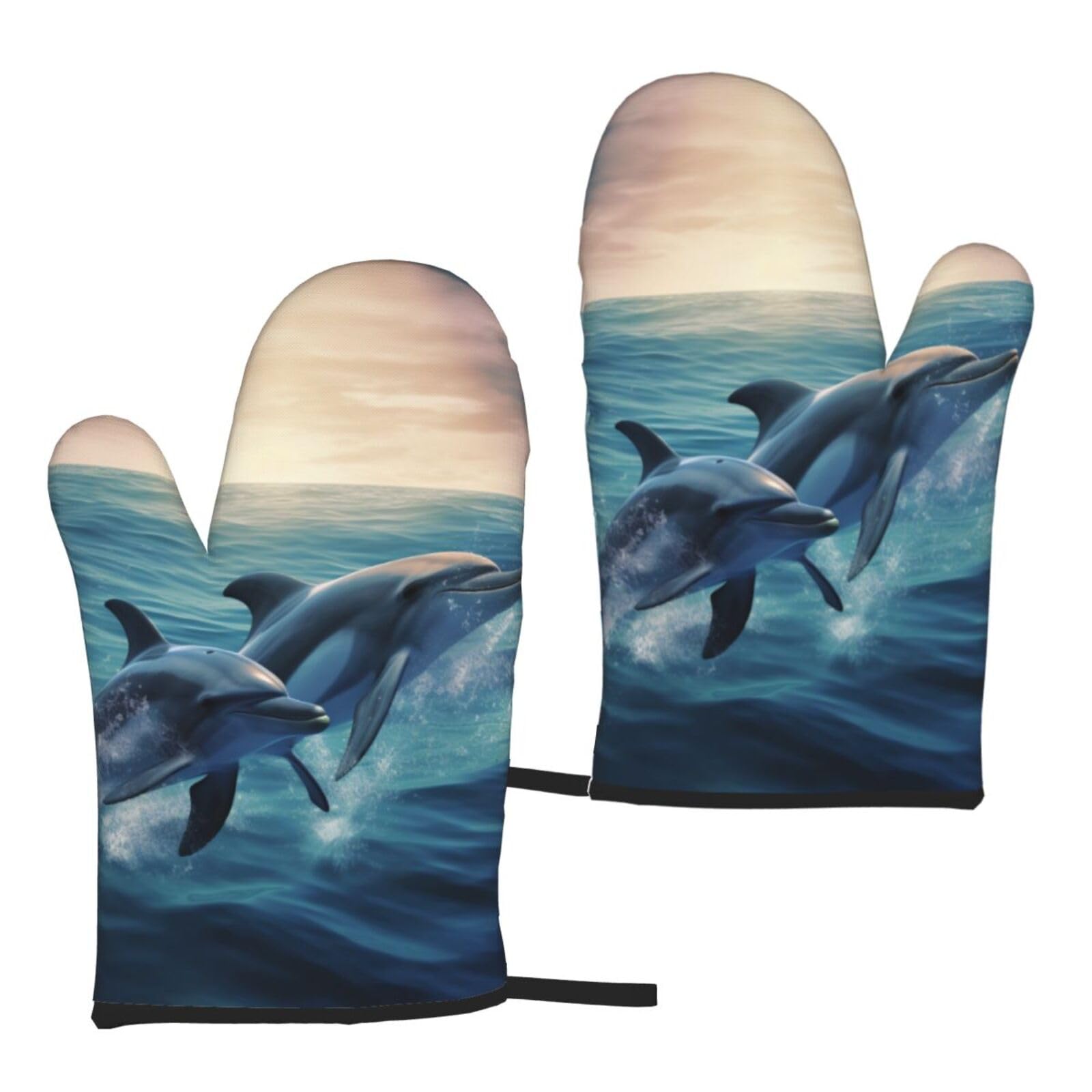 Dolphins in the sea Printed Oven Mitts Sets 2 PCS Heat Resistant and Non-Slip Glove Potholder for Kitchen Cooking Baking Grilling