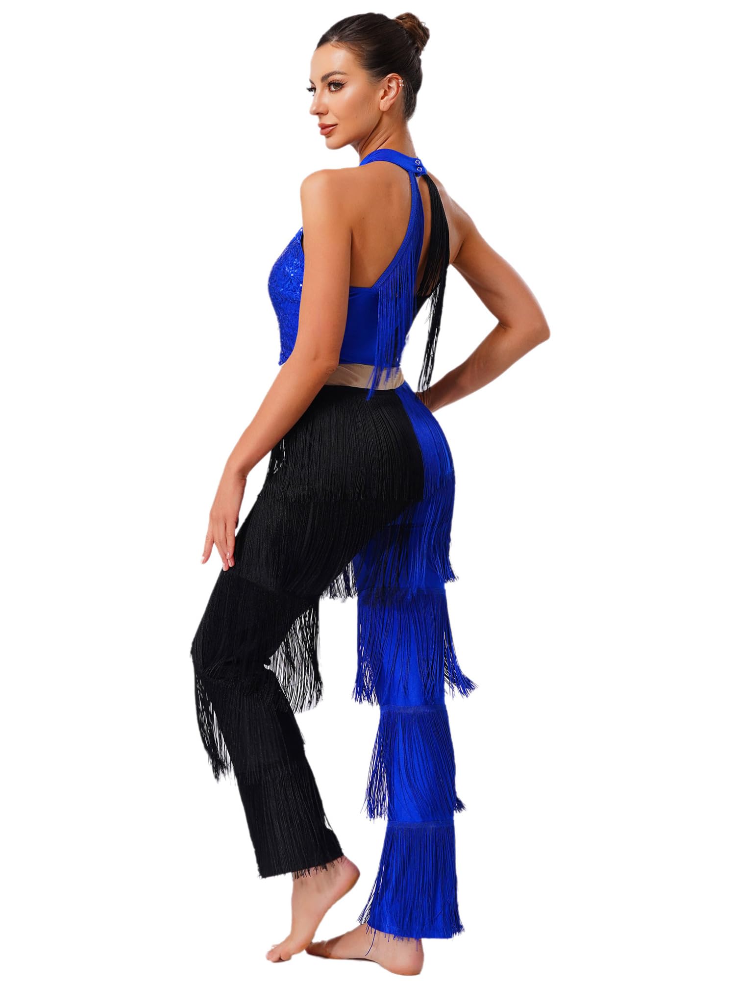 TiaoBug Mono De Baile Latino Con Flecos Para Mujer Maillot De Gimnasia Mameluco De Baile Hippie Disfraz De Discoteca De Los Años 70