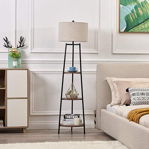 Lámpara de pie, luz de lectura de pie con estantes y pantalla de tela, lámpara moderna de poste alto, iluminación decorativa de muebles para sala de