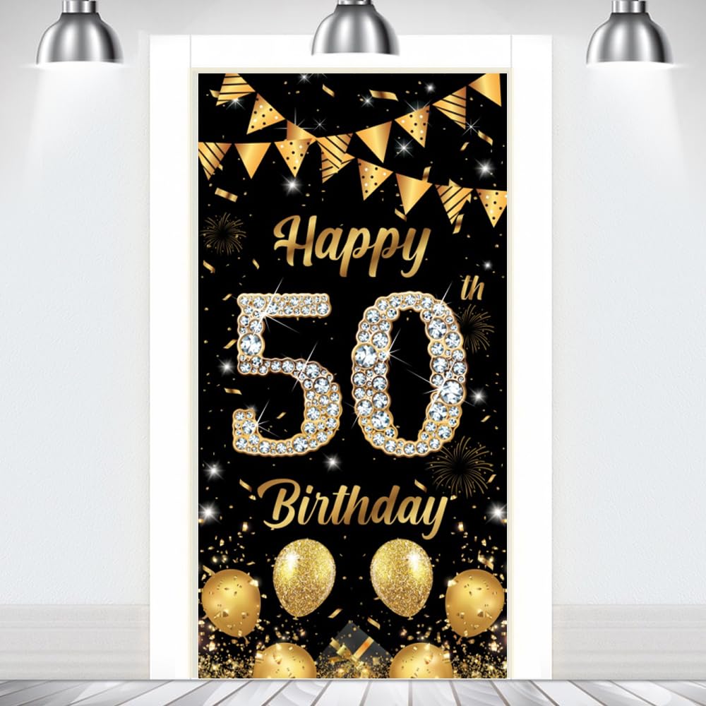 Happy Birthday Door Banner Backdrop Men Women 50th Birthday Decorations Black Gold 50 Years Old Door Background Outdoor Indoor Party Supplies Photo Props Booth Decor180×90cm