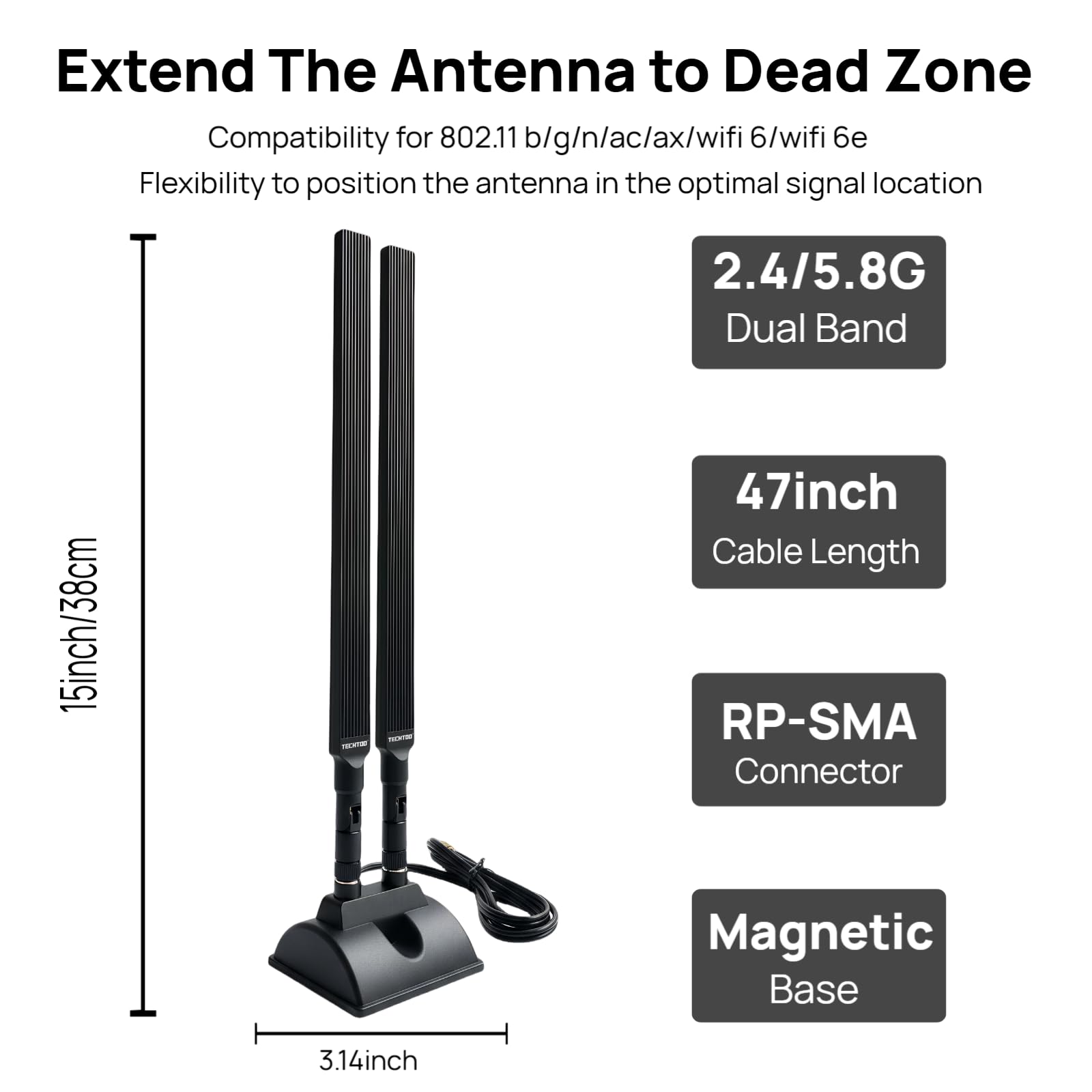 TECHTOO Antena WiFi de 12 dBi de doble banda 2.4 GHz 5 GHz RP-SMA Antenas WiFi con base magnética y cable de extensión de 4 pies para PC de escritorio, PCI, Bluetooth, tarjeta de red inalámbrica