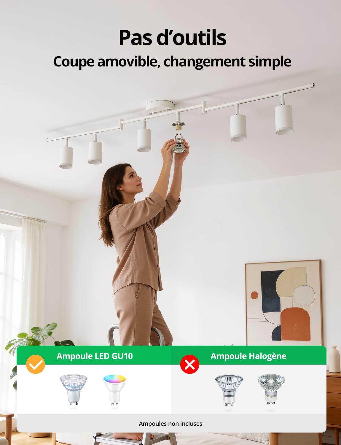Bojim Blanc Plafonnier LED 6 Spots Cuisine Lumiere Plafond Orientable Eclairage Précis, Lustre GU10 Ceiling Light Long Lampe Rampe Spot sur Rail pour Interieur Salon Bureau Chambre, Sans Ampoules