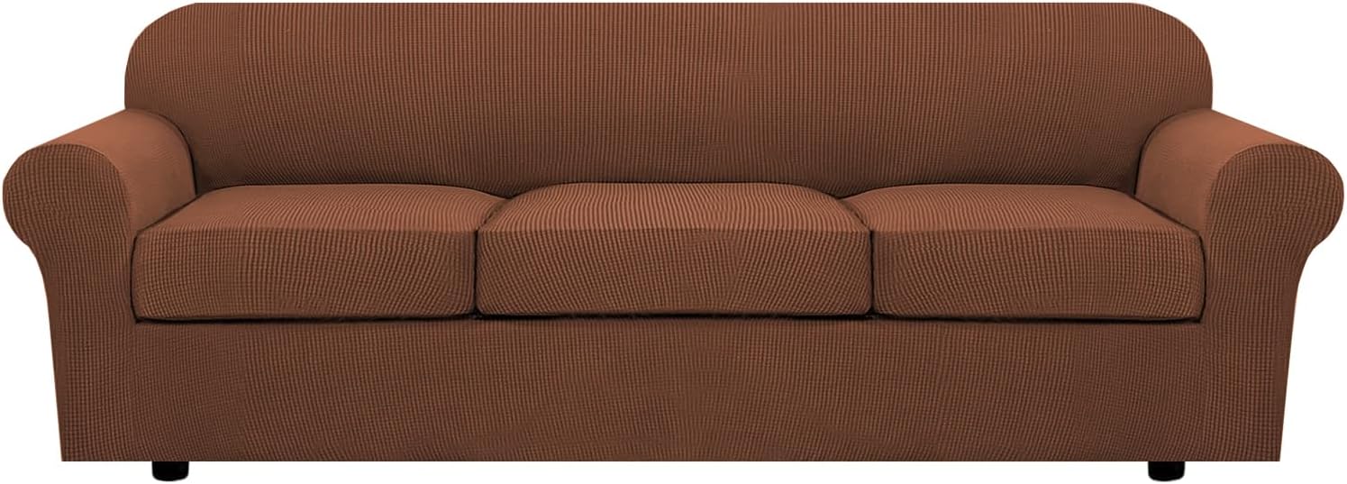 H.VERSAILTEX 4 Piece Stretch Sofa Covers for 3 Cushion Couch Covers for Living Room Furniture Slipcovers (Base Cover Plus 3 Seat Cushion Covers) Upgraded Thicker Jacquard Fabric (XL Sofa, Caramel) X-Large Caramel
