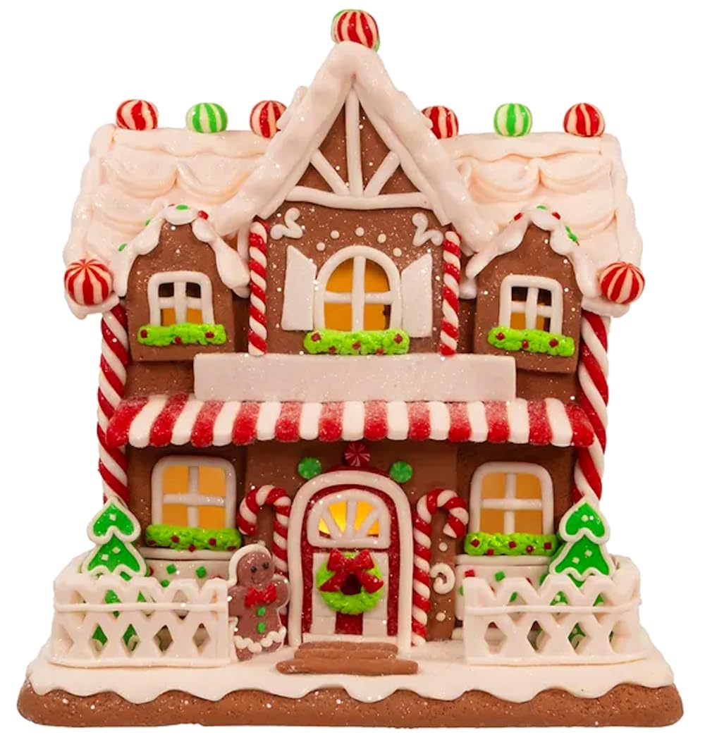 The Bridge Collection Maison en pain d'épices lumineuse de 22,9 cm – Décoration de Noël en pain d'épices – Maison de village de Noël – Village de pain d'épices – Figurine de maison lumineuse