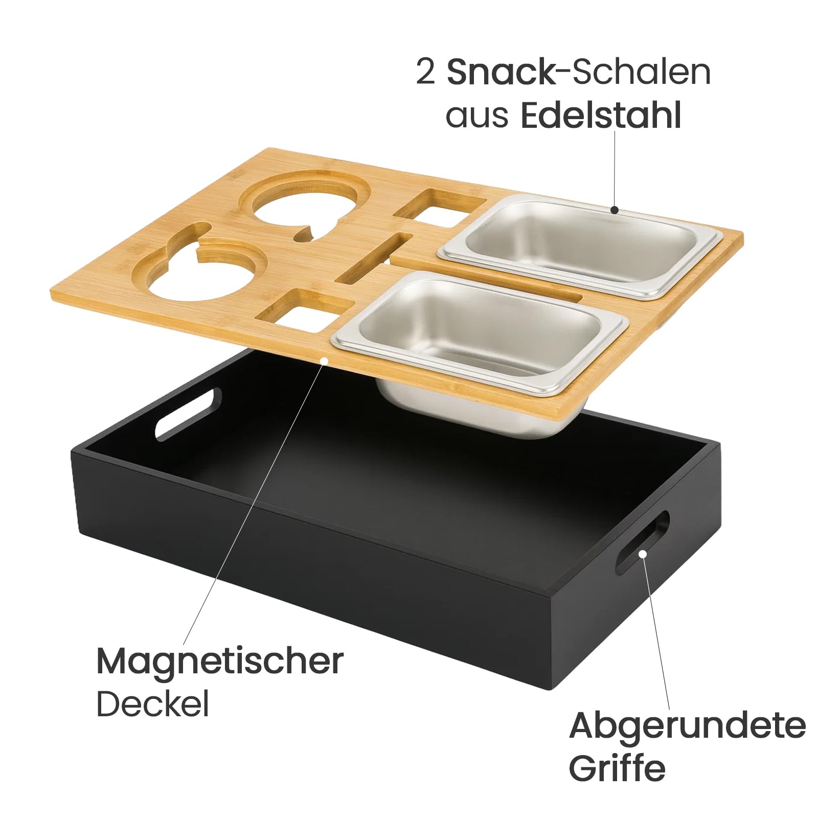 Couchbar Snackbox mit 2 Edelstahlschalen – 5-in-1 Snackbar fürs Sofa aus 100% lackiertem Bambus, wasserfest mit Magnetdeckel & integrierten Getränkehaltern (Schwarz)