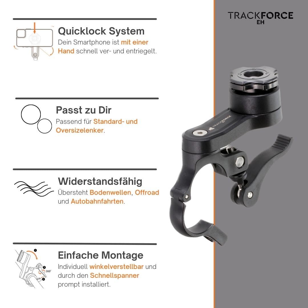 TRACKFORCE - 360° Universelle Handyhalterung mit Vibrationsdämpfer - für Motorrad, Fahrrad & E-Scooter - Inkl. Back Attachment - Einfach & Schnell Montiert - Passend für jeden Lenkertyp