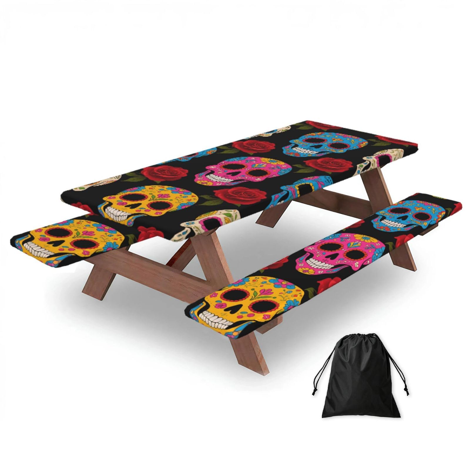 FekiLoot Sugar Skulls Picnic Table Cover with Bench Covers and Bag, Windproof Waterproof Rectangle Tablecloth with Elastic Edges Fitted Camping Table Covers for Picnic Party Travel