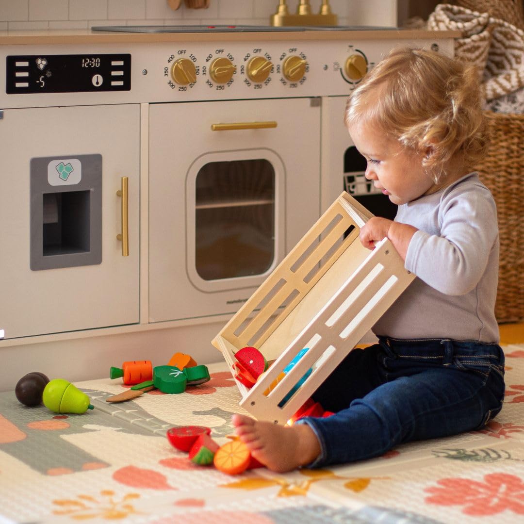Mamabrum Frutas y Verduras Juguete - Set de Comida Madera con 17 Elementos Magnéticos - Comida de Juguete para Cocinita Infantil con Tabla, Cuchillos y Caja Almacenamiento - 3+ Años