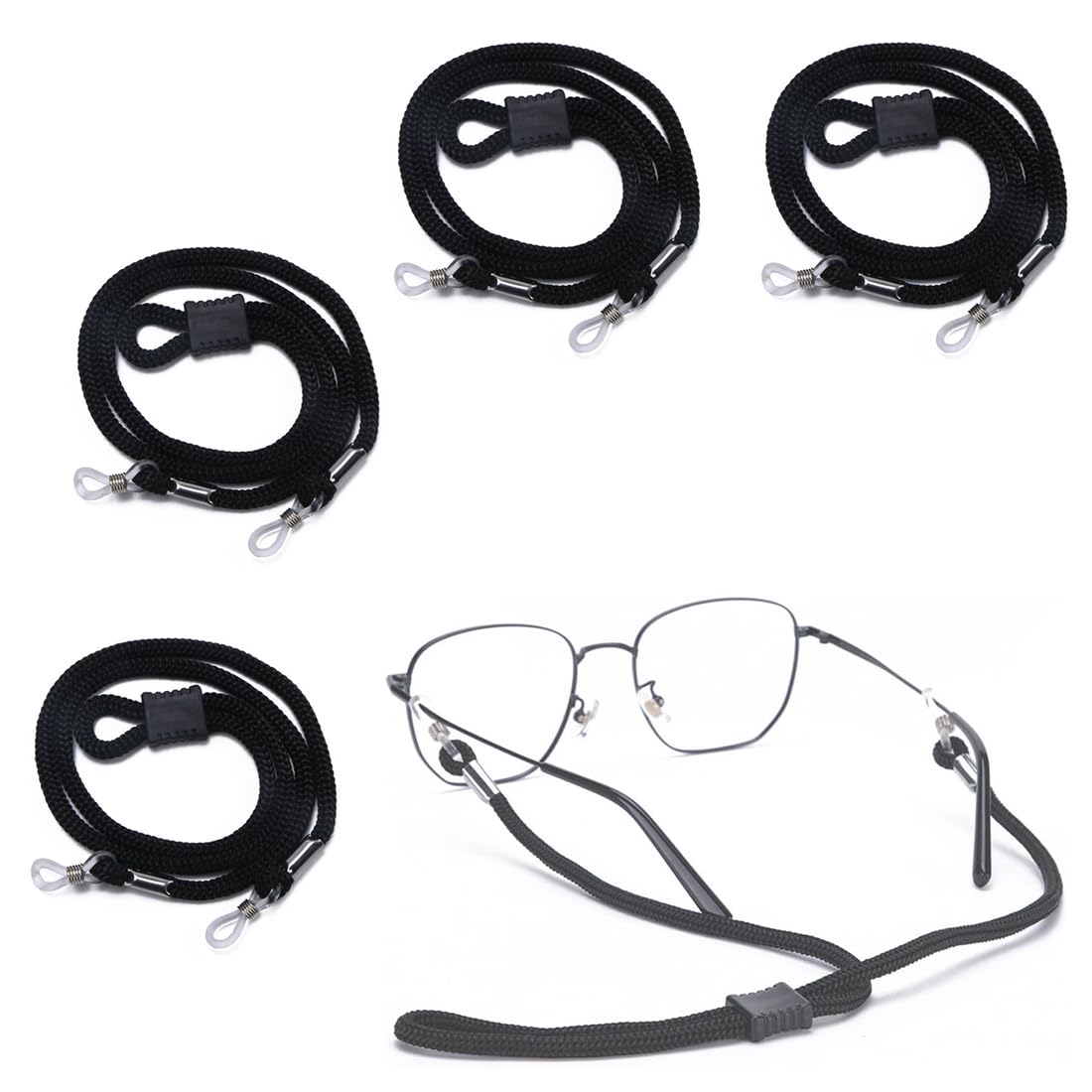 CUHZA Glasses Chain 4 pcs Cadena para gafas de nailon Negro Mujer Cadena Deporte Hombres Correas de Gafas Negras Ajustable Banda para gafas Deportivas Gafas de sol Cadena Cadena Cadena con Mosquetón