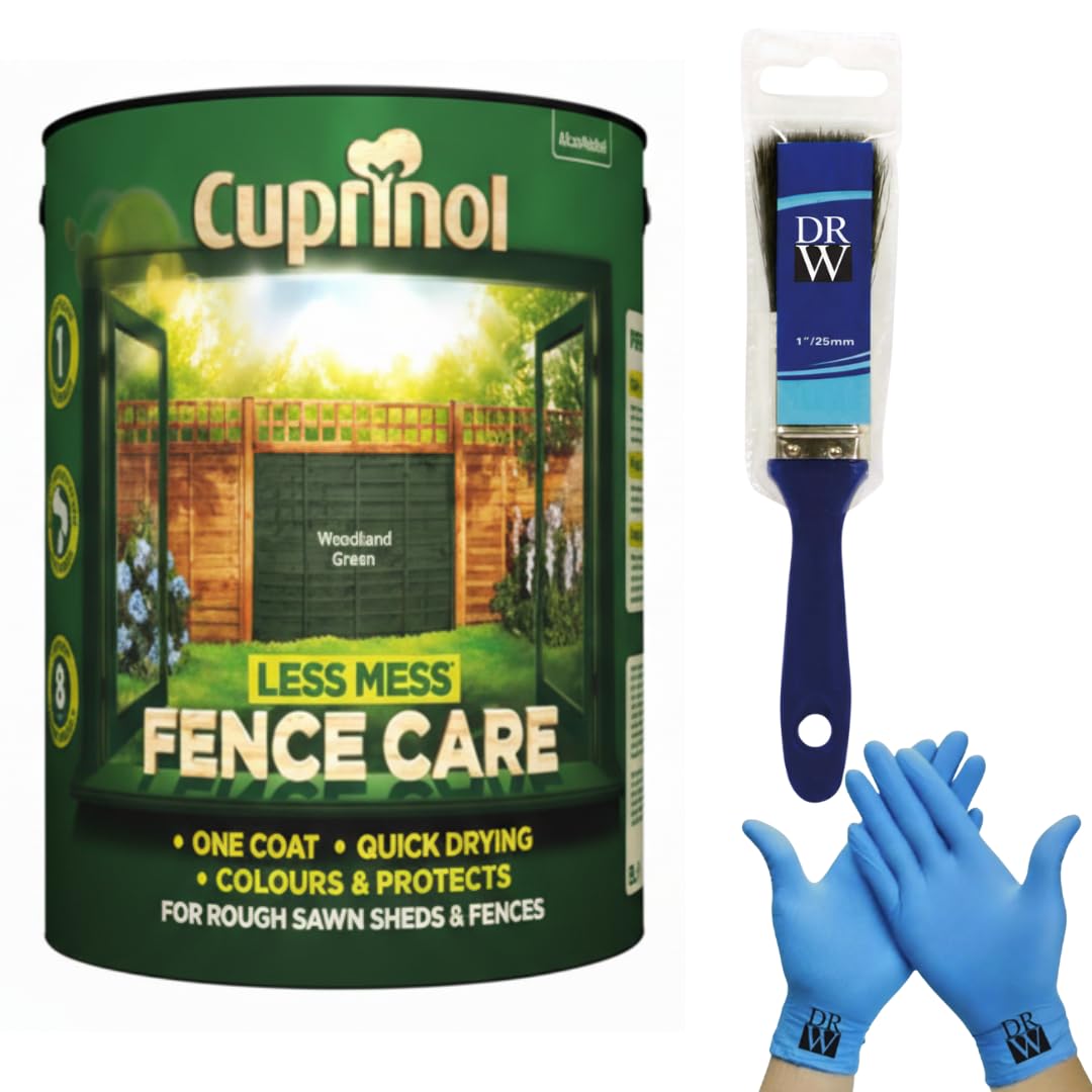 Cuprinol Less Mess Woodland Green Fence Care Stain 6L + Free 4 Inch Fence Paint Brush & Nitrile Gloves – One‑Coat Coverage, Quick Drying, Rich Colour & Low Odour