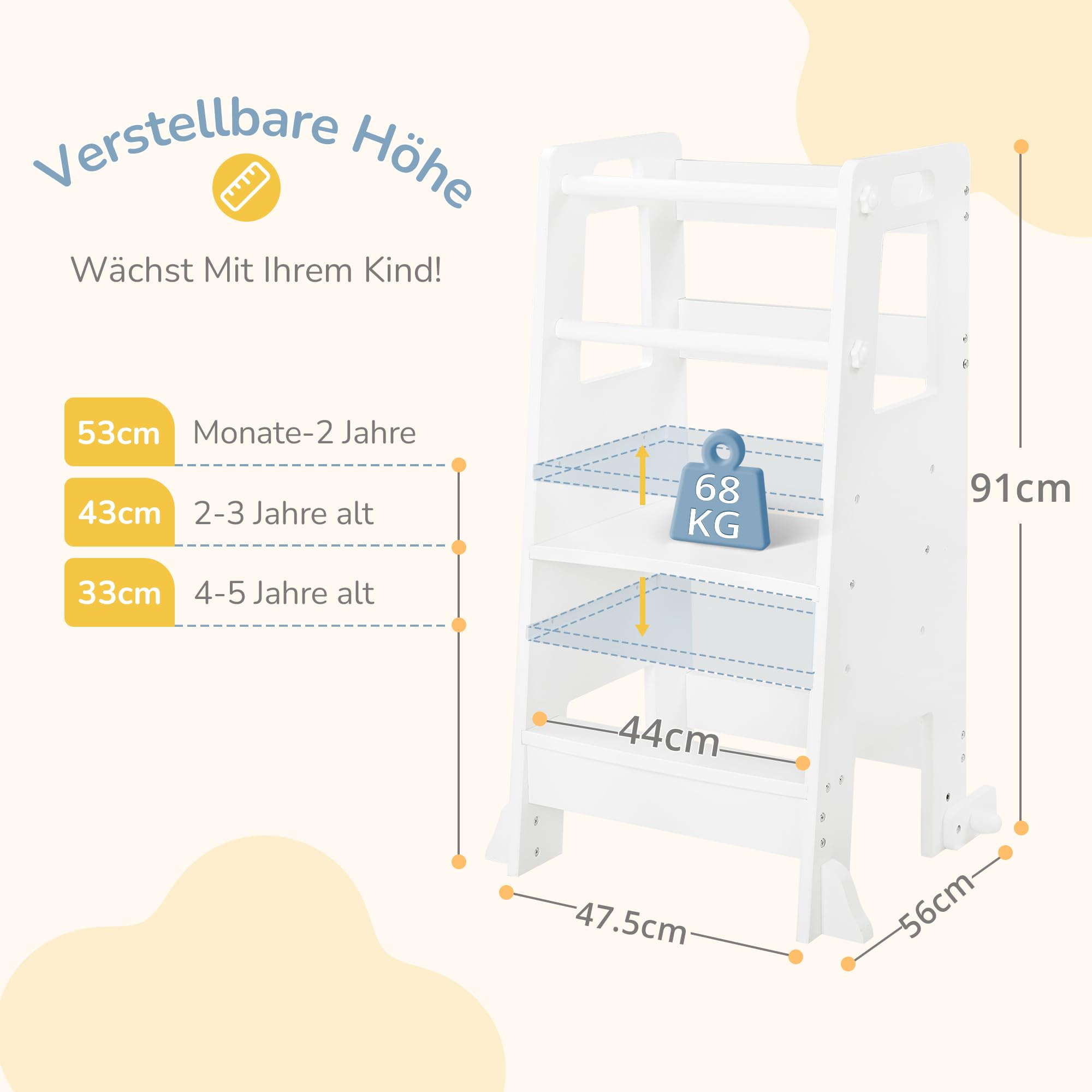 LUE BONA Lernturm für ab 1 Jahr,Kinderküchen Tritthocker mit Sicherheitsschienen,höhenverstellbarer Lernturm mit Sicherheitsschiene für Bad,Kinderzimmer, Küchentisch,Schlafzimmer,Weiß