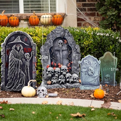 61ZD71N2o1L._AC_ Halloween Outdoor Decorations 25 Inch 5 Pack Halloween Cemetery Tombstones Yard Signs with 10 Metal Stakes Large Realistic Scary Skeleton Crack Gravestones Yard Lawn Outdoor for Kids