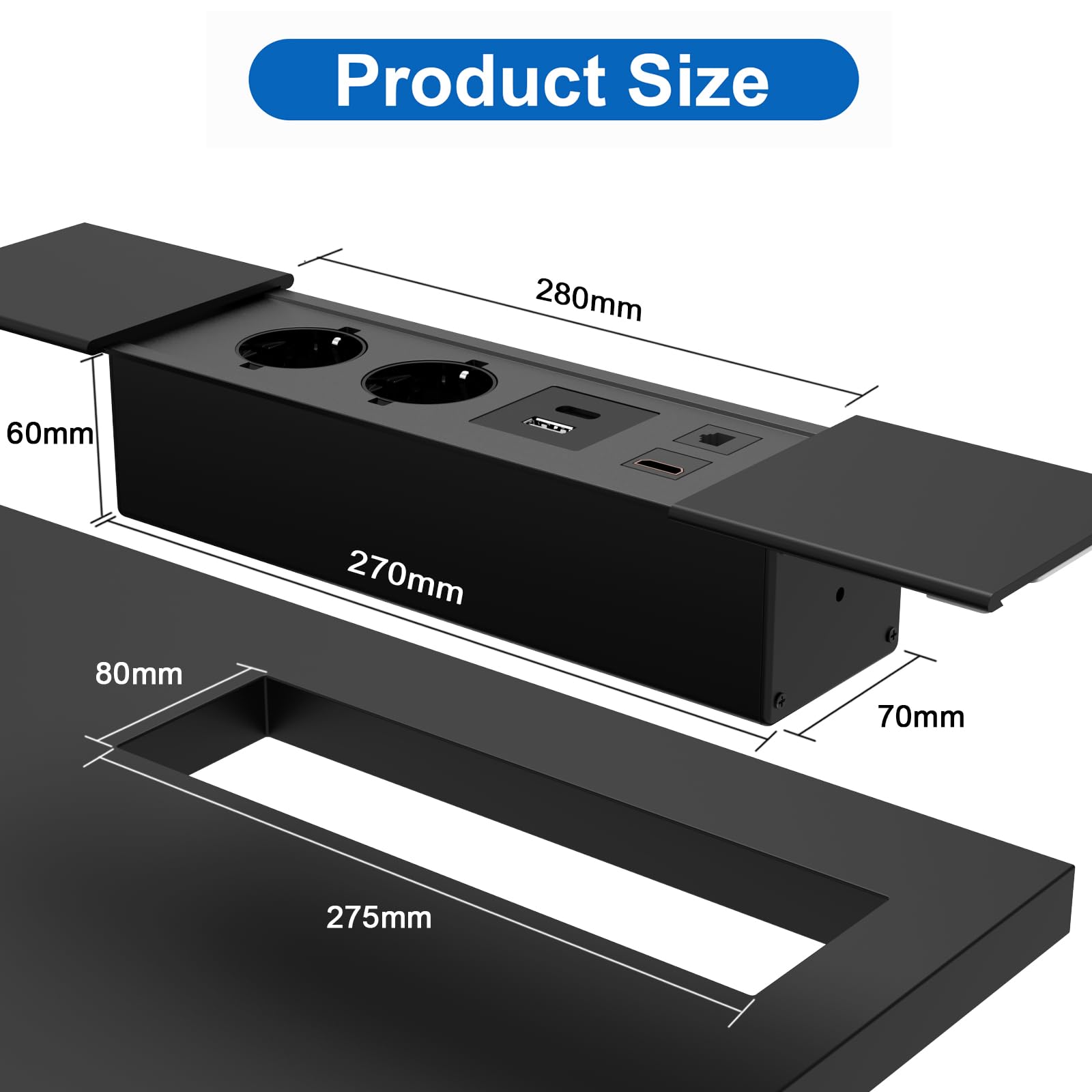 Enchufe de escritorio con cubierta deslizante, enchufe empotrado con 2 enchufes, 1 USB, 1 tipo C, interfaz de red HDMI TD, regleta eléctrica de aluminio para escritorio de oficina, cocina