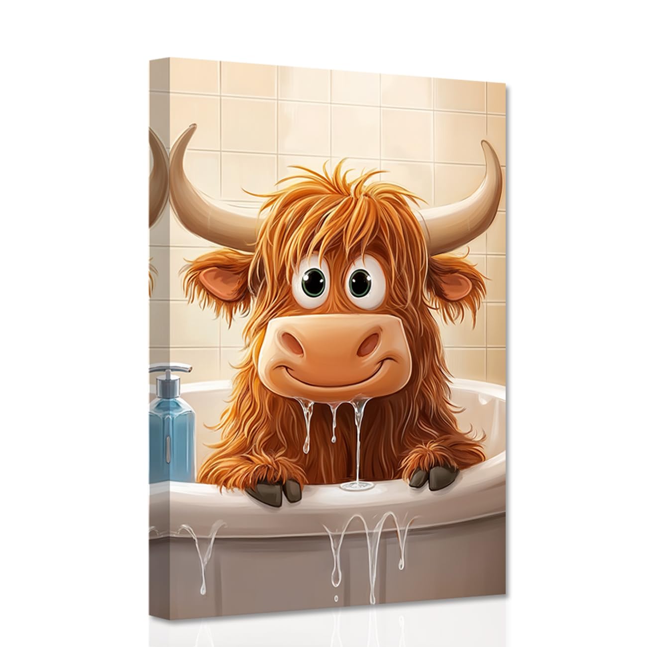 CCWACPP Highland Cow Bathroom Wall Art Funny Animal Pictures Cute Highland Cow Canvas Print Bathroom Restroom Decor Toilet Framed (60L x 90W cm)