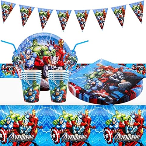 52 Pcs Party Tableware Set with Avengers Superhero Party Supplies Set Birthday Party Paper Plates Cups Napkins and Tablecloth Sets Kids Birthday Party Decorations for 10 Guests Cover