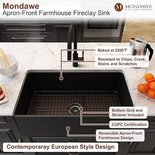 Miniatura 4 de Fregaderos de cocina de arcilla refractaria negra de 33 pulgadas, delantal reversible frontal de un solo tazón con rejilla inferior de acero