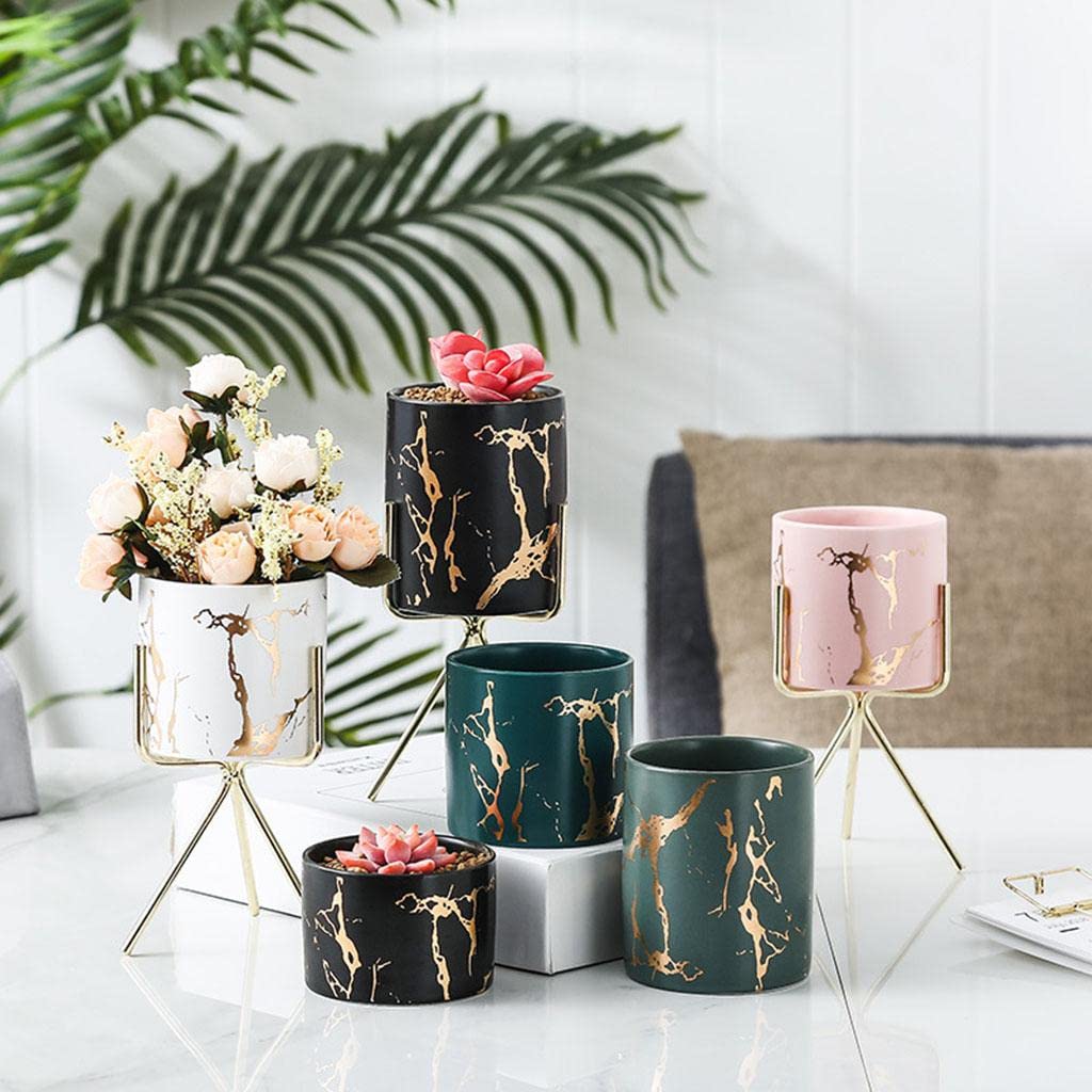 VMS INDIA Marble Texture Flower Pot with Iron Stand Cylinder