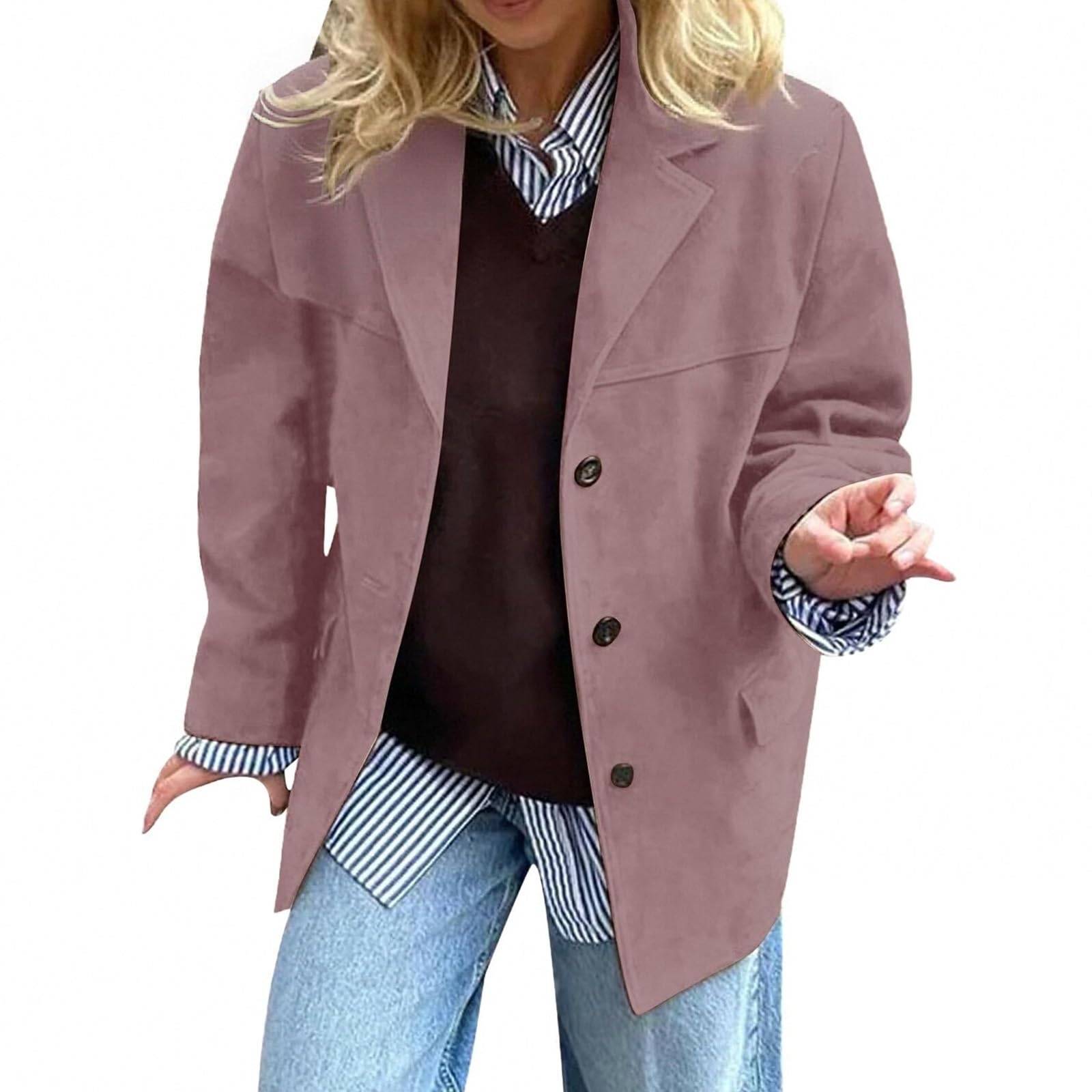 Faux Suede Jacket Women Brown Suede Jacket Faux Leather Blazer Jackets Button Down Long Sleeve Cardigan Vintage Suits