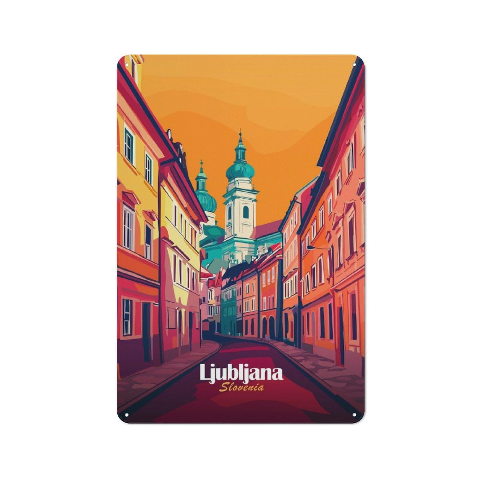 Junmoney Style-19 Ljubljana Cityscape Retro Tin Wall Plaque 30X20cm For Home Office Or Studio, For Cooler-Month Interiors With Retro Character