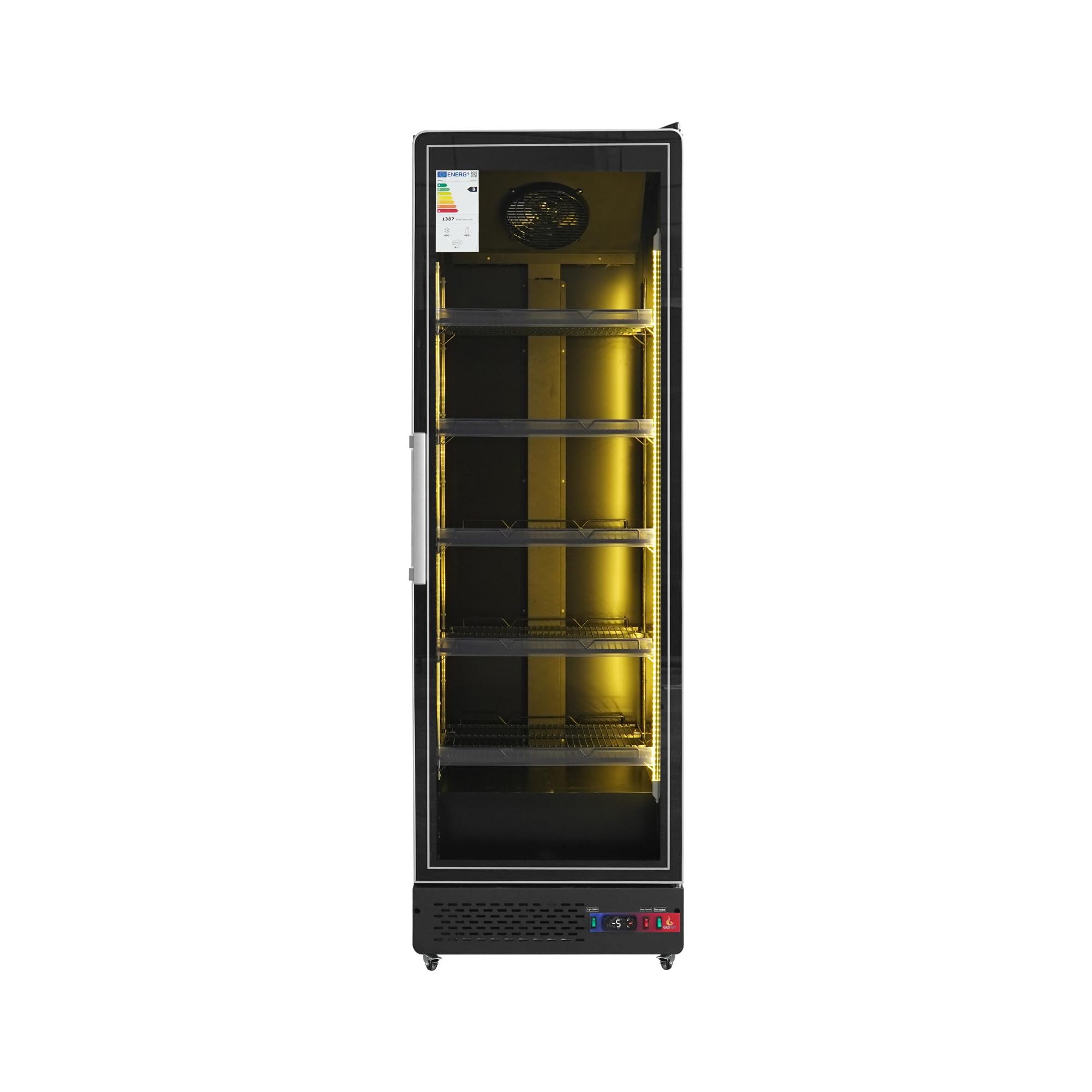 Armario Expositor Refrigerado Profesional | 1 Puerta Cristal, Sub-Zero, 450L, Luz LED Multicolor, Control Digital CAREL, Ventilado, Clase Energética B, Acero Inox Negro