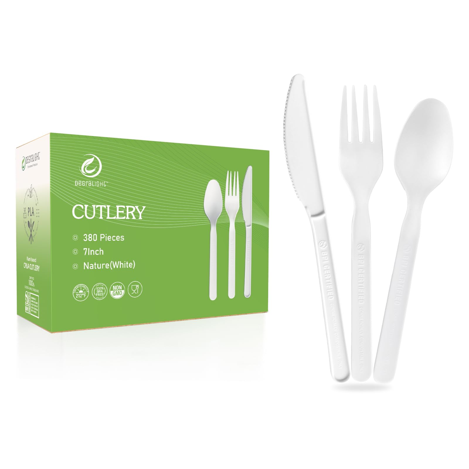 Disposable Cutlery Set [380 Pcs] BPI Certified Utensils Set with 140 Compostable Forks, 120 CPLA Spoons and 120 Disposable Knives, Eco-Friendly Compostable Cutlery for Outdoor, Party, Camping & Daily