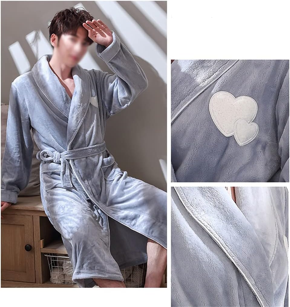 Bathrobe Men's Autumn and Winter Lengthened and Thick Nightgown Plus Size Flannel Soft and Warm Home Service