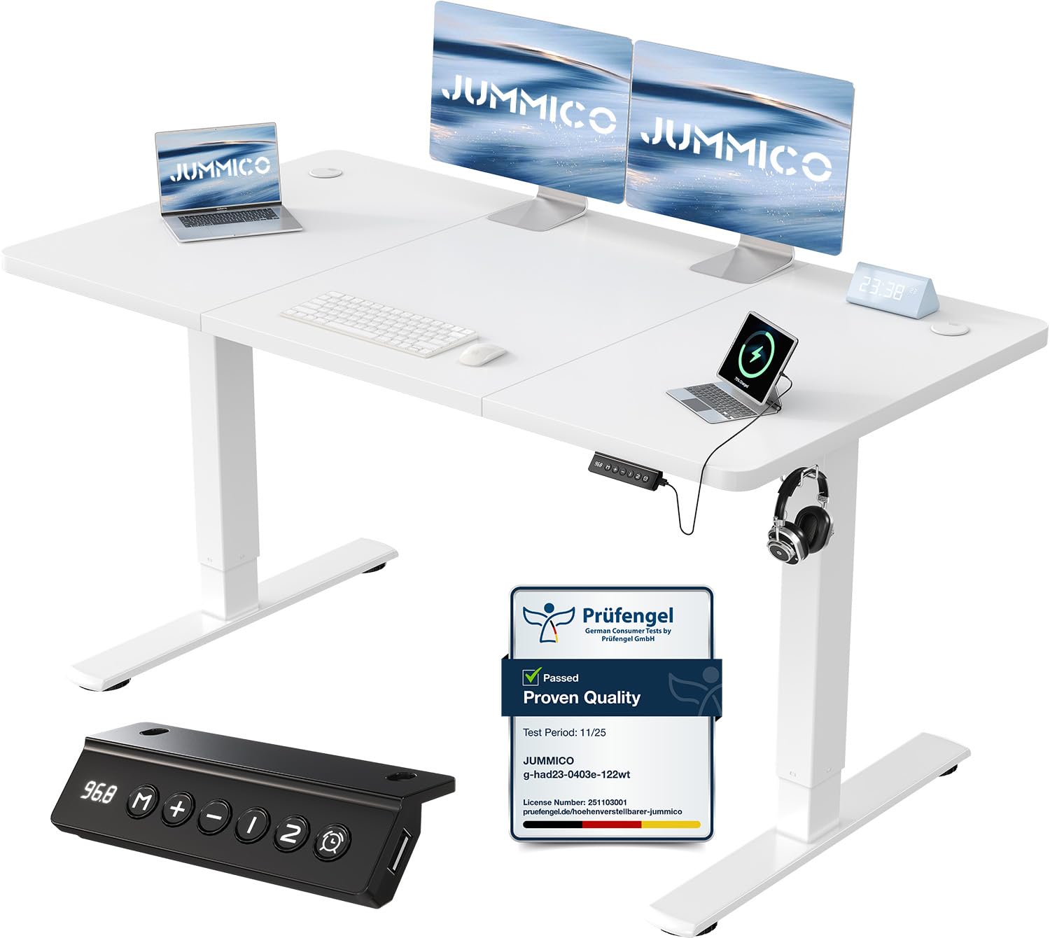 JUMMICO Escritorio Elevable Eléctrico con Cargador USB, Escritorio Regulable en Altura Ergonomica Escritorio de pie Ajustable Smart Panel con Funciones de Memoria, Standing Desk (Blanco, 140 * 60cm)