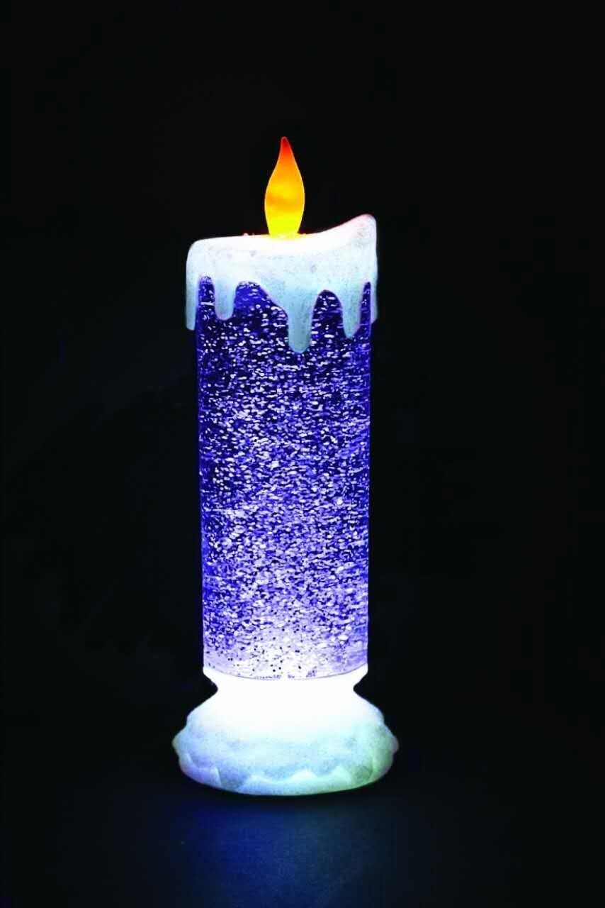 Flameless Festive Water filled LED Christmas Glitter Candle, 10 Inches Tall – Decorative Xmas Ornament or Gift – Relaxing Glitter Swirls - Pulsing LED – 2 x AAA Batteries or Works off USB Cable