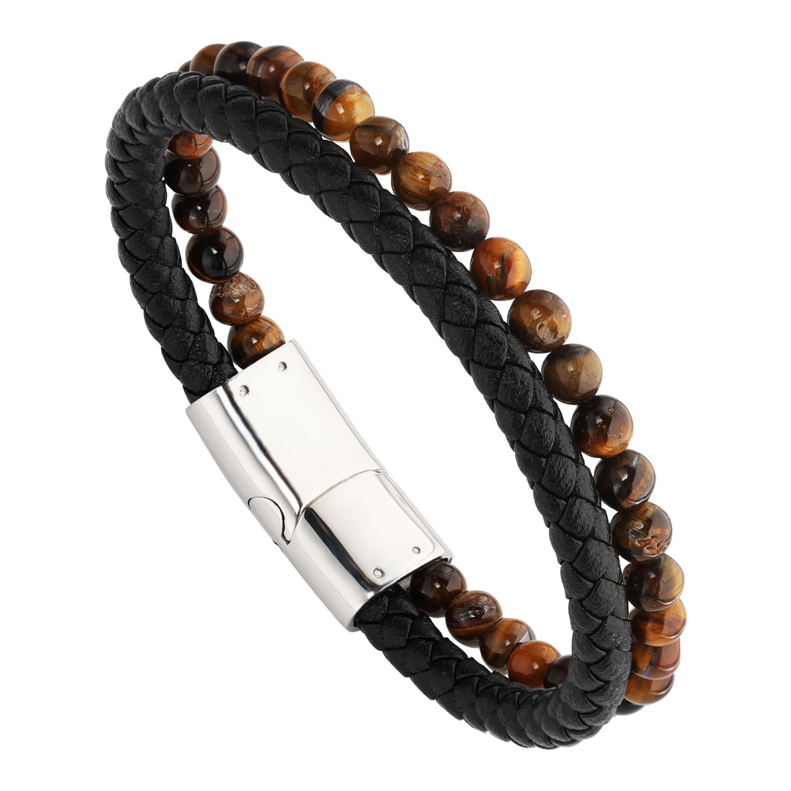 Hengbofeng Mens Bracelet, Jewelry Gifts for Men,Black Braided Leather Stainless Steel Cross With Black Onyx Beads Double-Row Bracelets for Men,For Dad,Friends,Brother,Sons