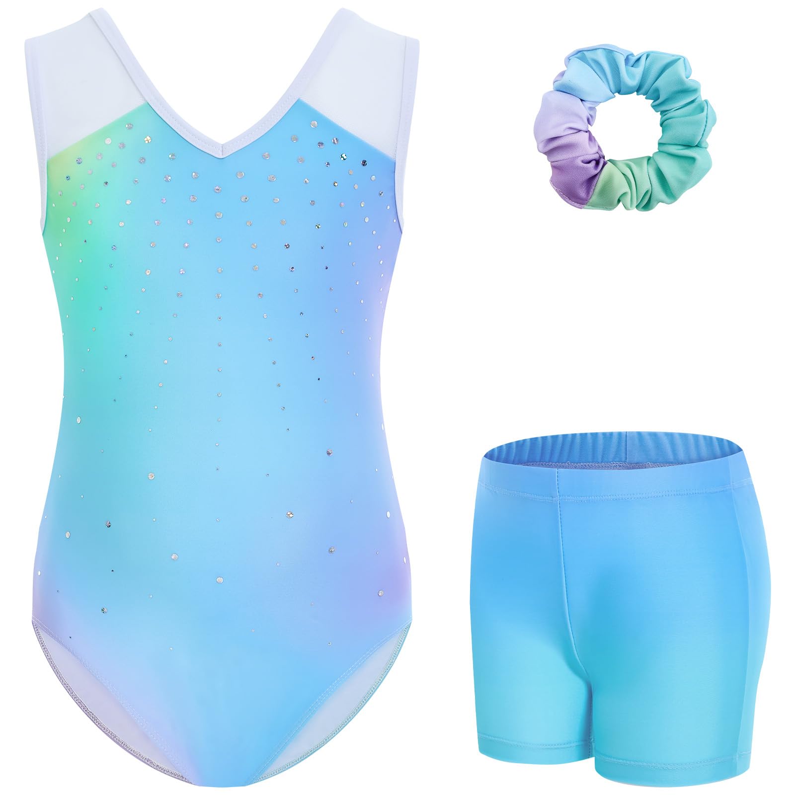 Gogokids Conjunto de 3 piezas de gimnasia para niñas, cuello en V, con purpurina, leotards, para niños, con pantalones cortos y goma para el pelo para ballet, yoga y actuaciones, edades 3-12