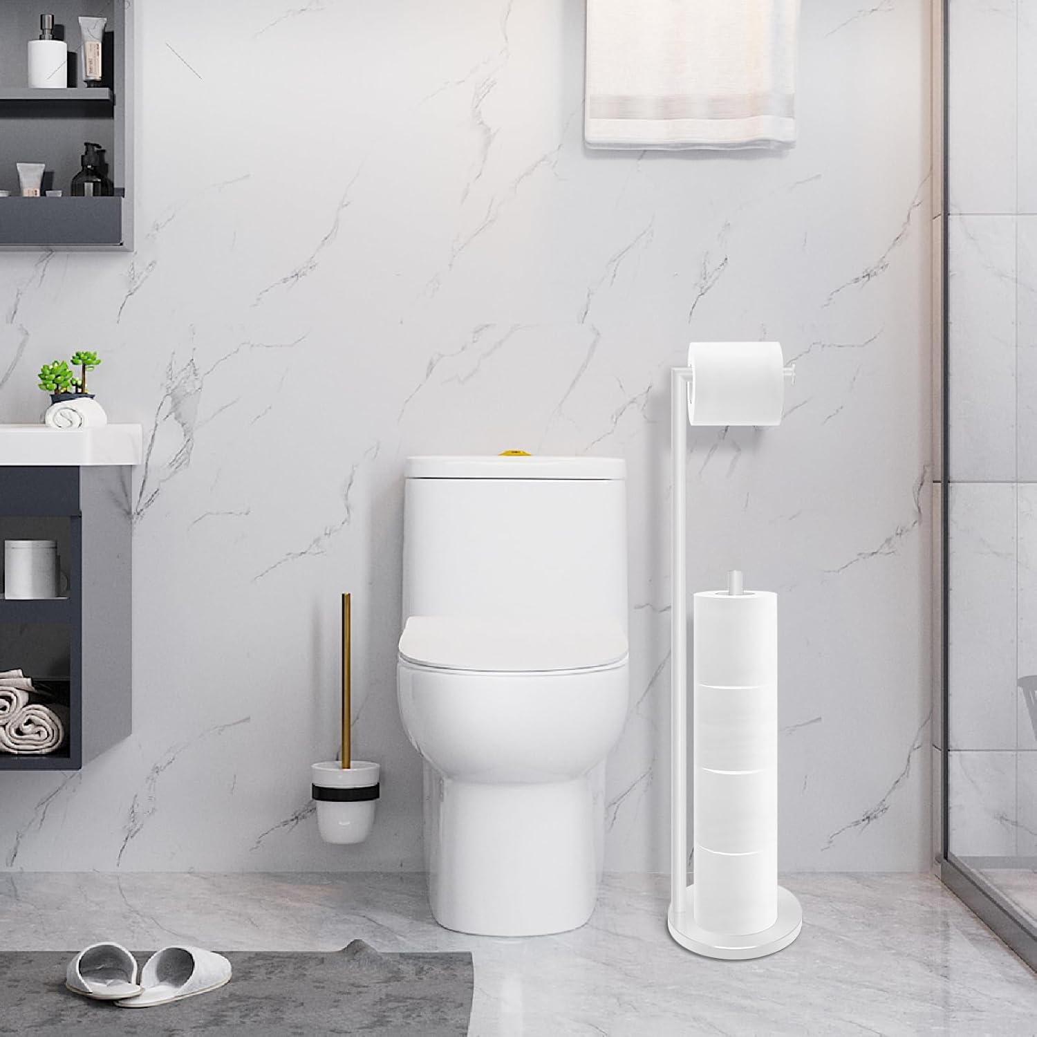 YUET Support de Papier Toilette, Porte-Papier Toilette sur Pied en Acier Inoxydable 304,Porte-Rouleau Autoportant pour Stockage Rangement Distributeur pour 5 Rouleaux avec Base Lourde,Blanc