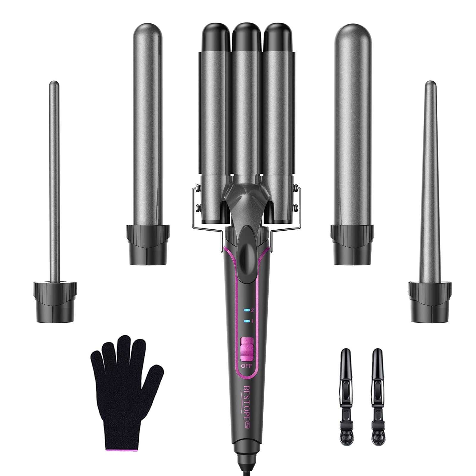 BESTOPE PRO Lockenstab Lockenstäbe 3 Fässer Welleneisen 5 in 1– Lockenstab Set 3 Fässer für großer Wellen, Temperatureinstellung, Schnellaufheizung und einem Handschuh, 2 Clips, Grau