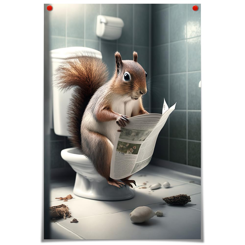 YODOOLTLYFunny Squirrel Bathroom Canvas Wall Art Cute Squirrel Reading Newspapers on Toilet Pictures Poster Prints，Black and White Maximalist Mid Century Modern wall decor 12x16in Unframed