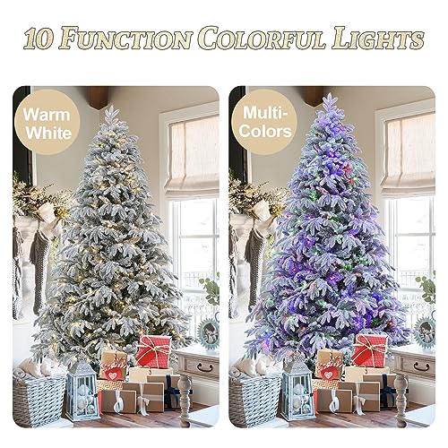 Image of FairyHaus Christmas Tree 9 ft, Prelit Flocked Christmas Tree with 10 Function Lights, Warm White & Multi-Colors, Easy Assembly, Hinged Christmas Trees Prelit with Metal Base, 650 Lights