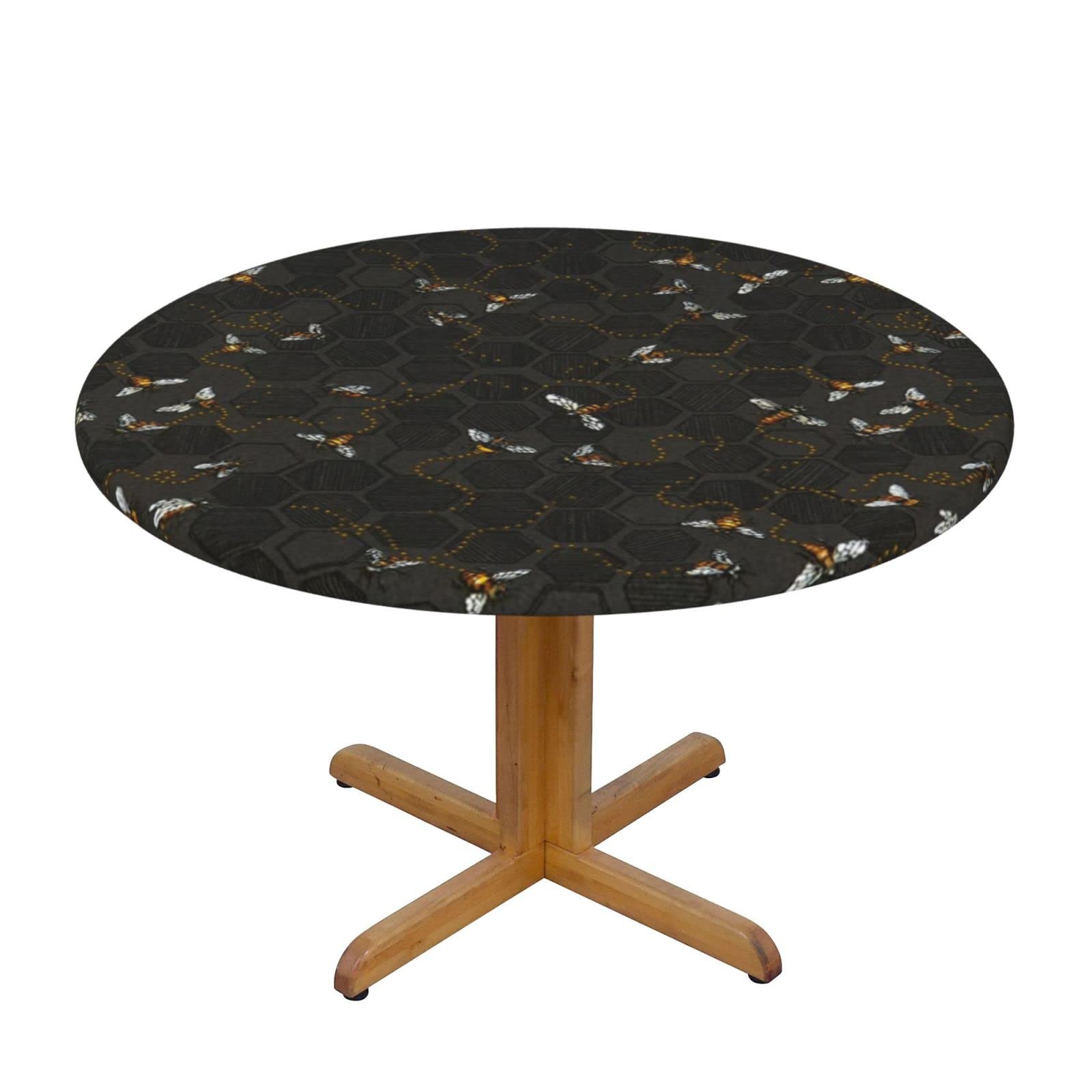 Lsjuee Round Fitted Tablecloth 40-44in Elastic Edged Table Cloth for Kitchen Dining Party Home Decor - Abstract Bee Hexagon Black