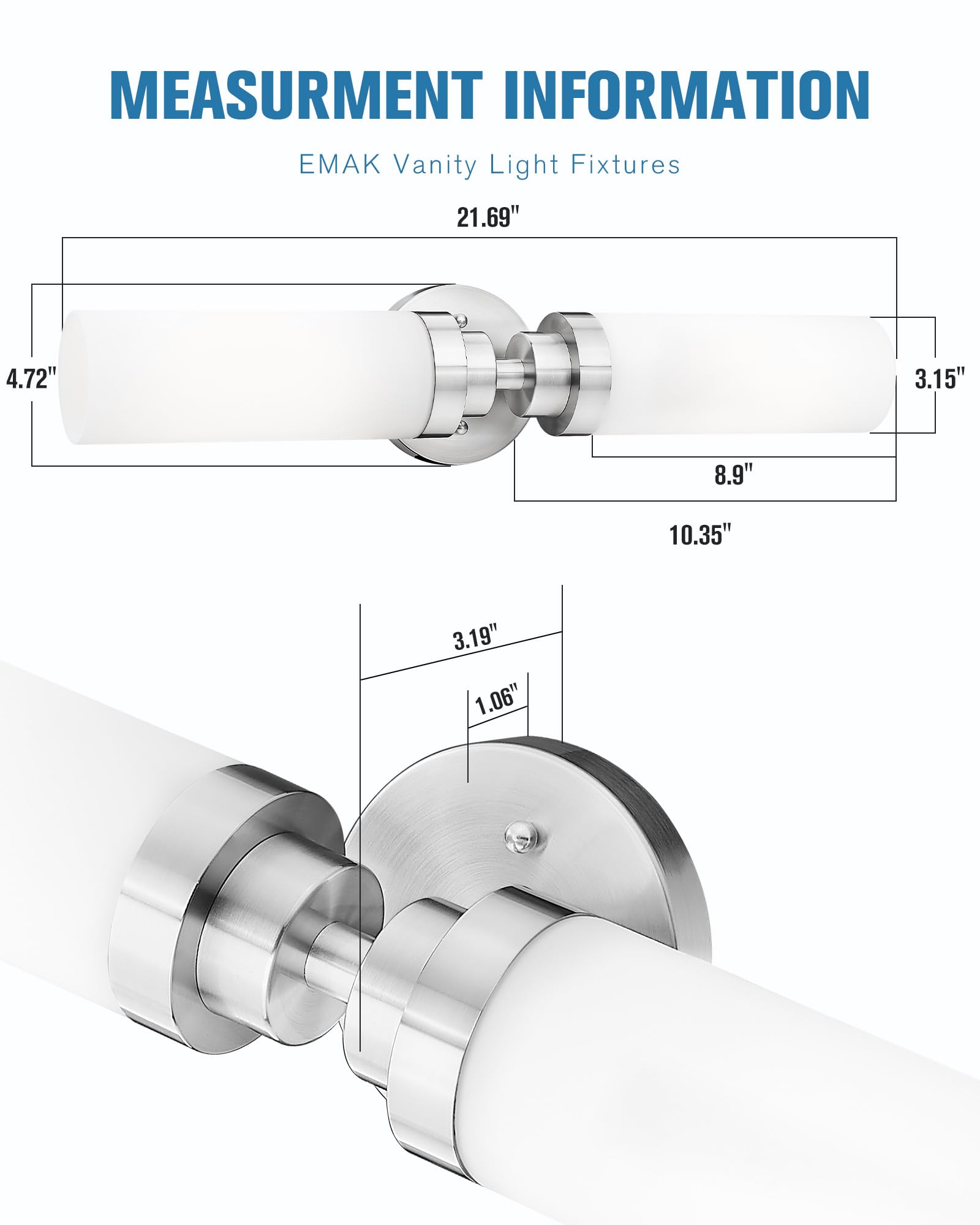 Emak Modern Brushed Nickel Bathroom Light Fixtures, 2-Light Vanity Lights for Mirror, 22 Inch Indoor Wall Sconces with Milk Glass Shade for Bathroom, Bedroom, Hallway, VL085-BN-ML-2
