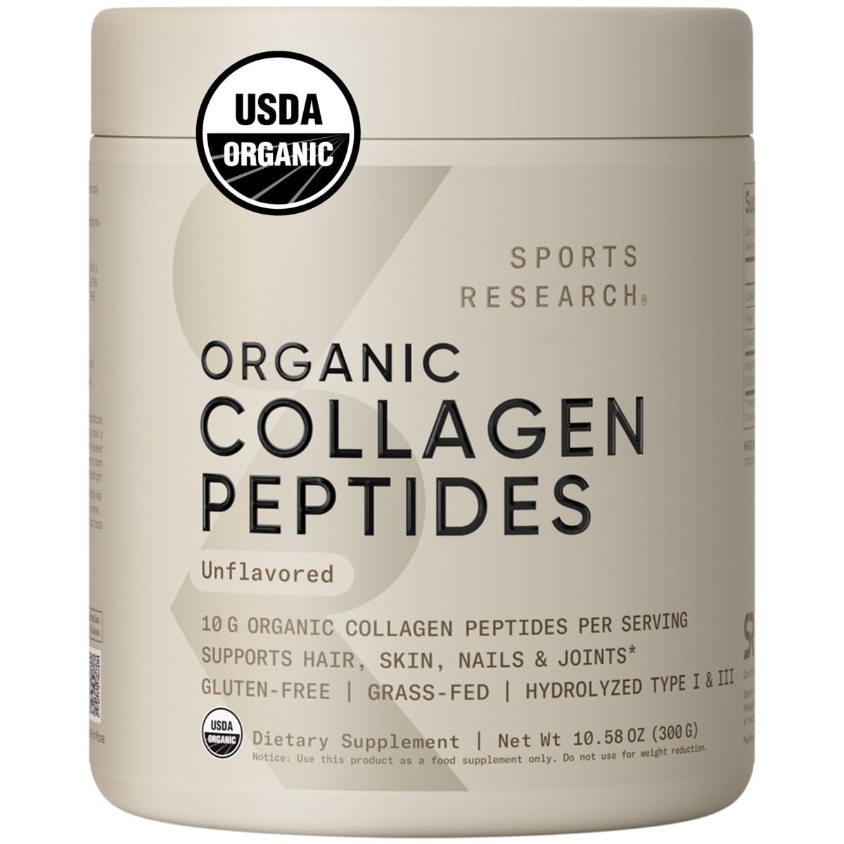 Sports Research Organic Collagen Peptides - Hydrolyzed Type I & III Collagen Protein Powder Sustainably Sourced from Grass-Fed Bovine - Unflavored, Organic Certified & Gluten Free - 30 Servings
