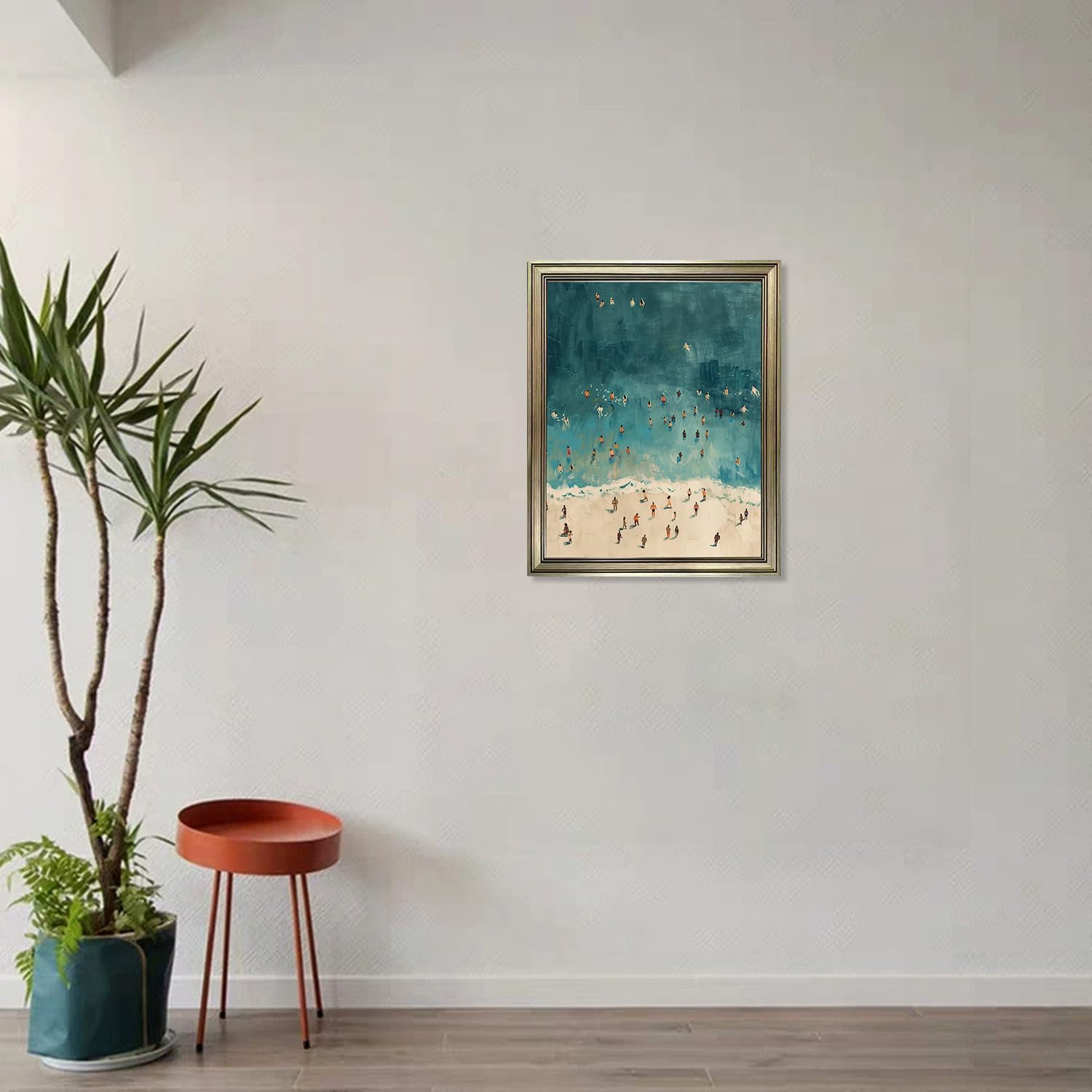 Vintage Framed Beach Wall Art Tiny People Swimming in Blue Ocean Canvas Print Summer Wall Decor Minimalist Seascape Oil Painting for Home Office Decor