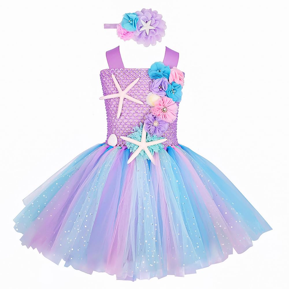 HomeChi Little Mermaid Ariel Sequin Tutu Dress with Headband for Girls, Kids Mermaid Princess Costume for Halloween Cosplay Party Dress up Christmas Birthday Gown Gift Aged 3-10