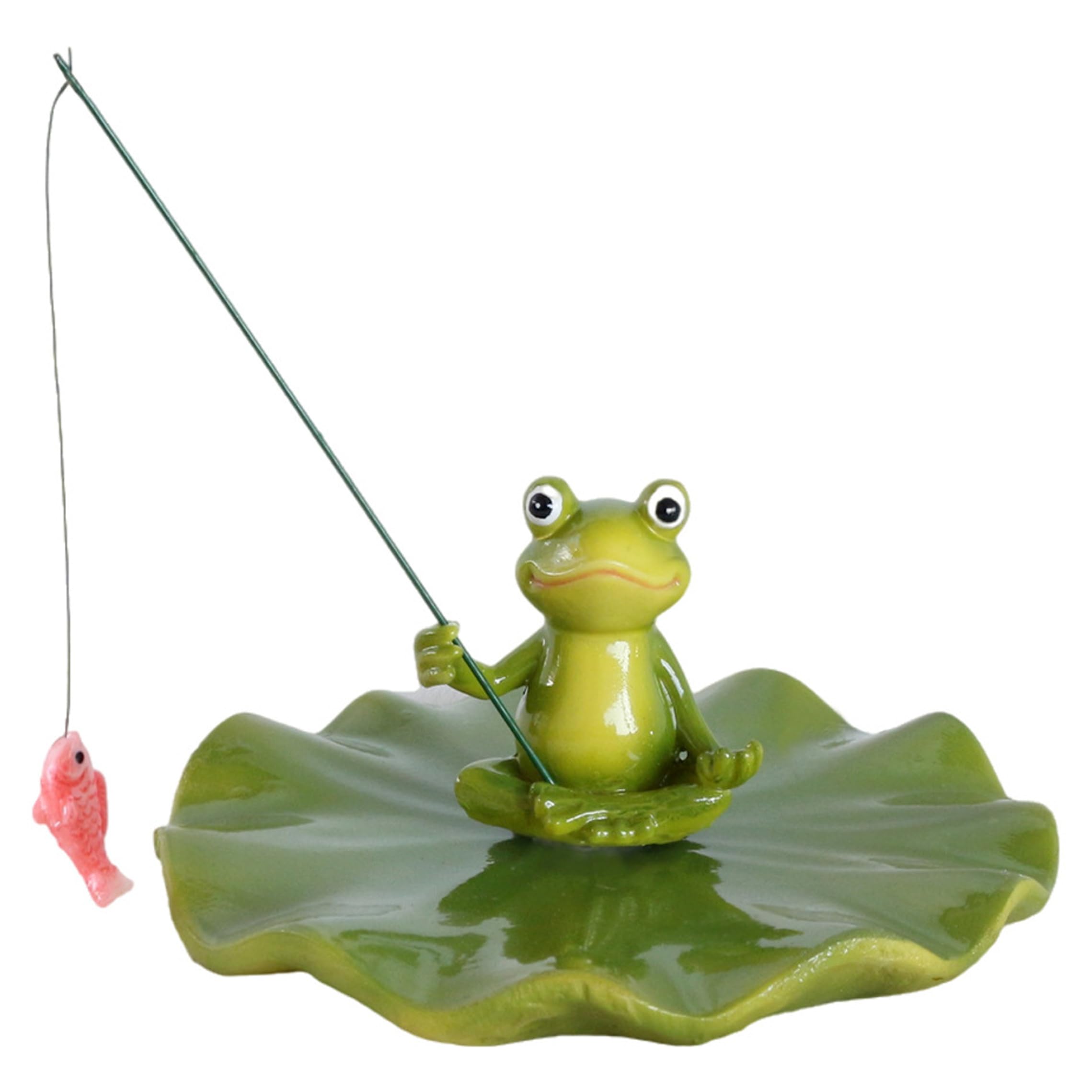 PithCogent Floating Pond Decor, Floating Pond Decor Frog Statue - Cute Fishing Frog Statue On Lotus Leaf, Outdoor Accessories, Green, 4.65x4.49x4.33 inch