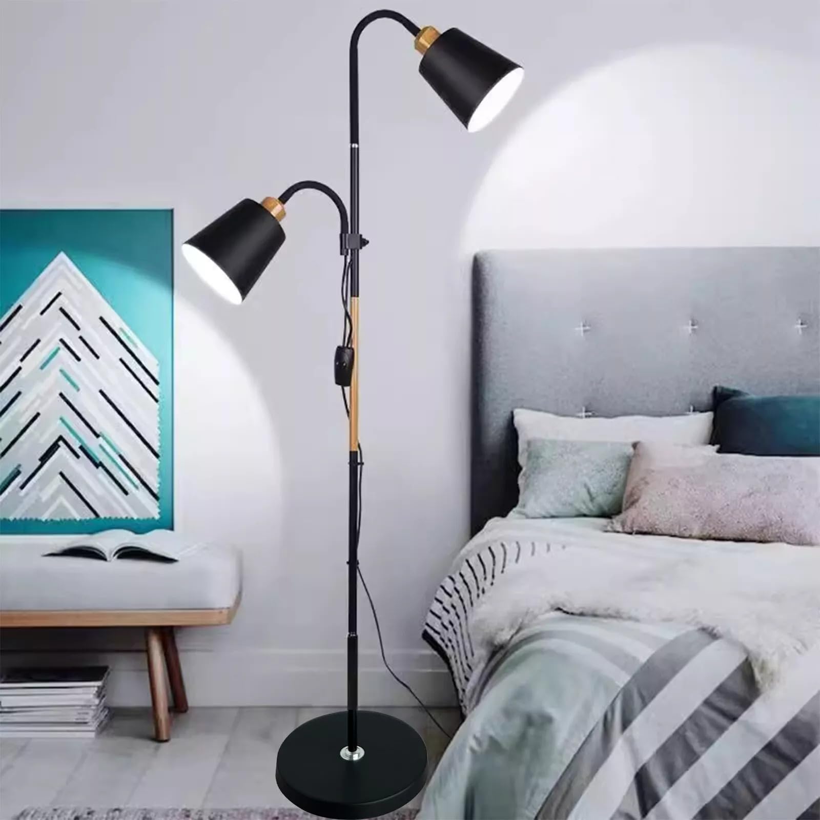 BURAKH Floor Lamp, Dual Heads Modern Design Floor Lighting, Tall Standing Lamp with 2 Adjustable Heads, Suitable for Living Room/Bedroom/Study Room/Office (Black)