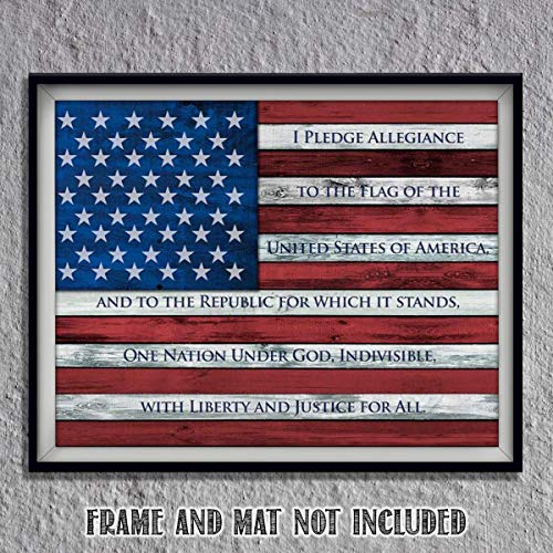 "The Pledge Of Allegiance On Usa Flag"-10 X 8" Patriotic Wall Decor-Ready To Frame. Distressed American Flag Poster Print. Perfect Decor For Home-Office-School-Garage-Cave. Display Your Patriotism! #TOP4