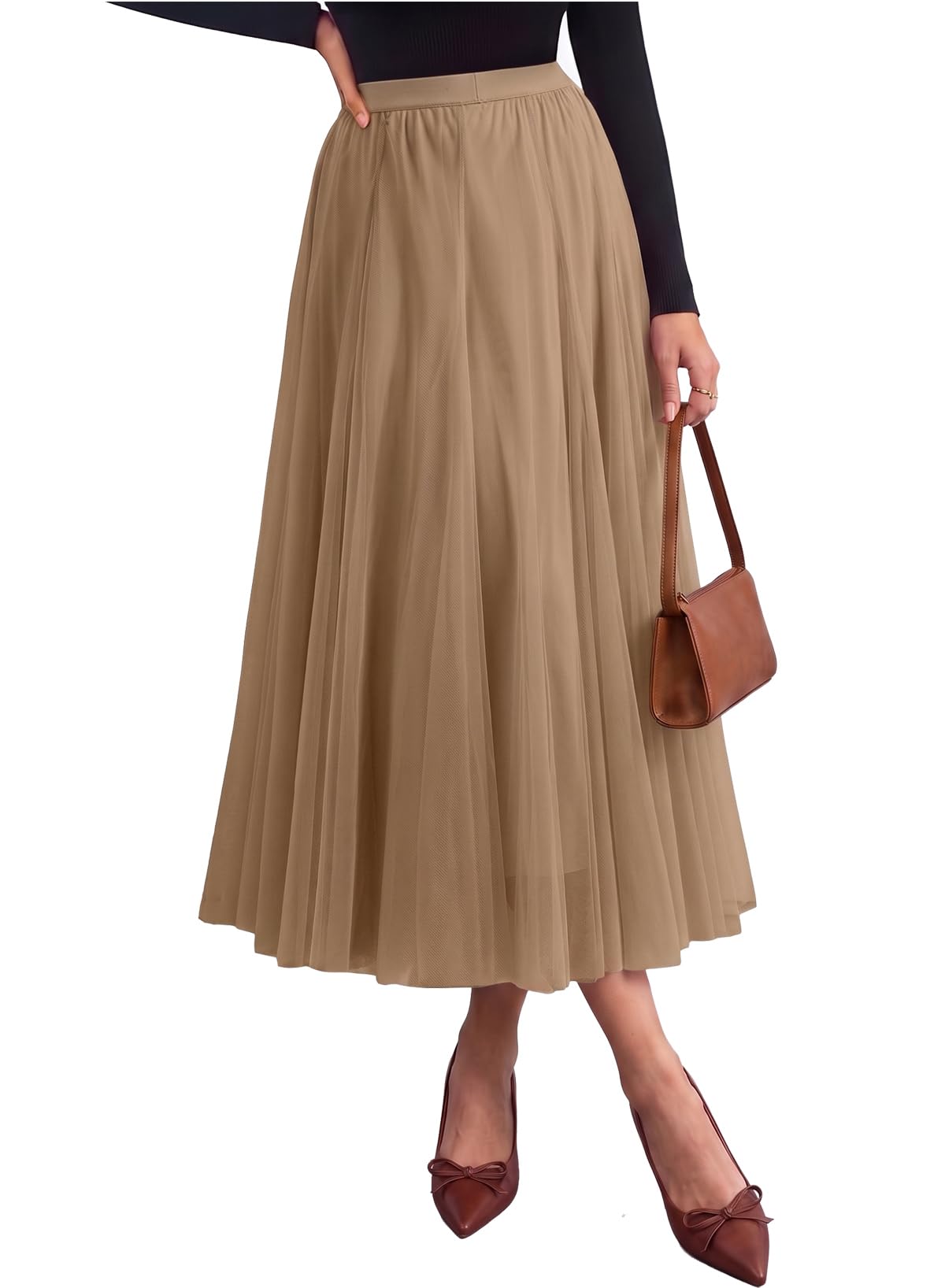 BLENCOT Womens Tulle Midi Skirt A-Line Long Flowy Skirt | Double-Layer Elastic Waist Pleated Long Tutu Skirts for Women Fall Winter Clothes,Perfect for Weddings,Parties & Date Nights