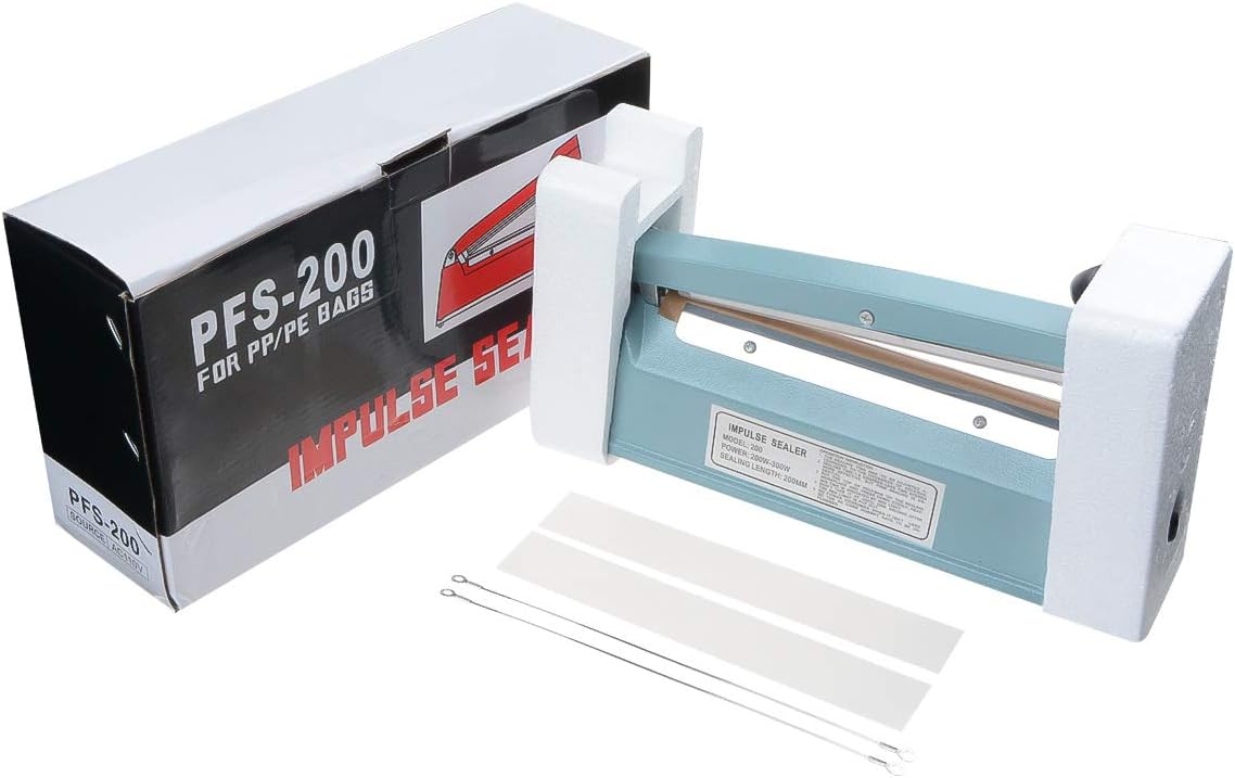 8" (200mm) Impulse Sealer 300w- Manual Plastic Poly Bag Heat Sealing Machine Closer Kit w/Adjustable Timer, Portable with Free Replacement Element Grip and Teflon Tape