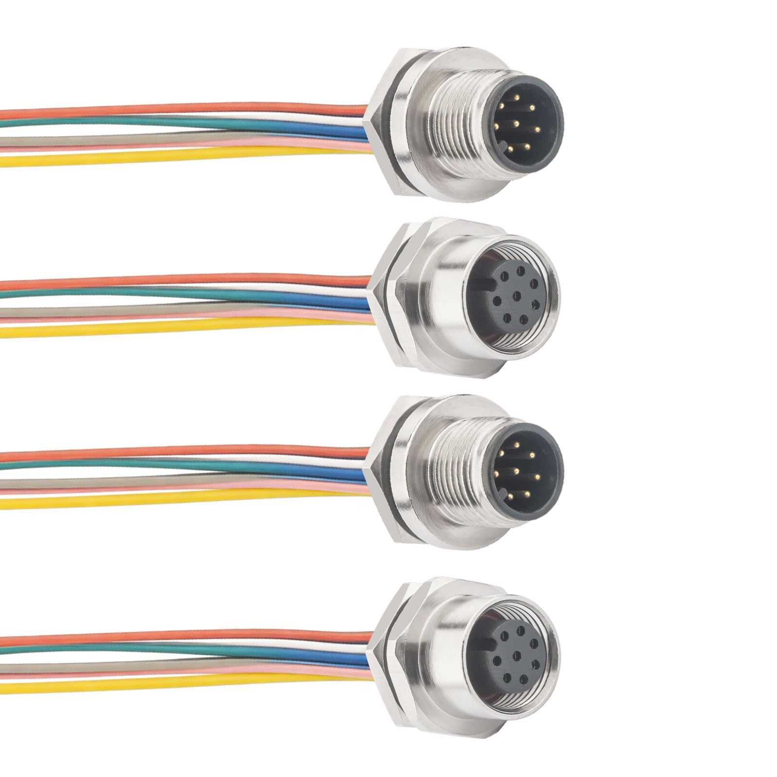 M12 Connector Kit: 8 Pin Male & Female Aviation Sensor Cable, 0.7FT IP67 Waterproof Panel Mount Socket, 12mm Cutout Straight Unshielded Electrical Connector (2 Sets)