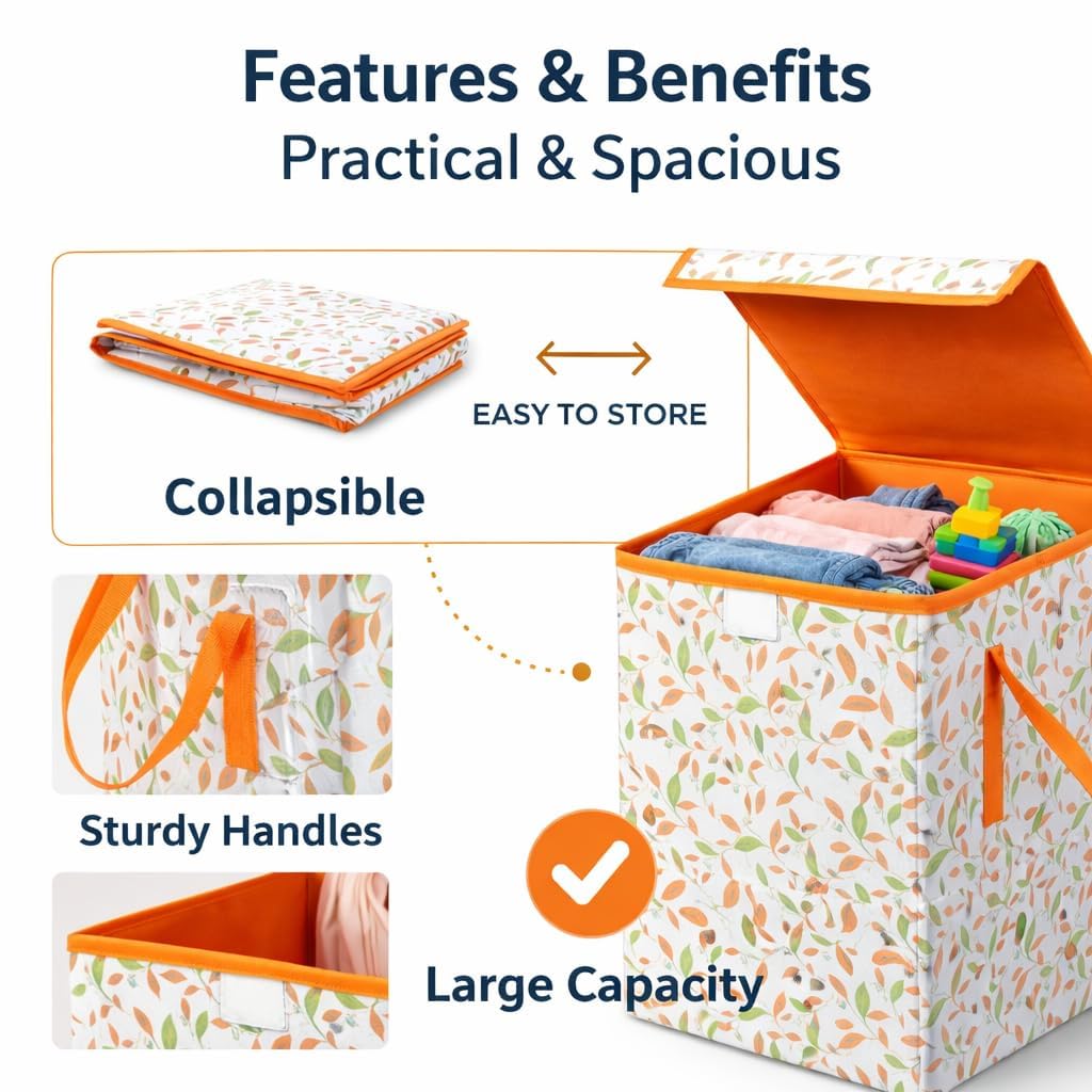 45L Non Woven Leaves Printed Rectangular Foldable Large Laundry Bag/Basket With Handle, Freestanding Clothes Storage Organizer for Bedroom, Bathroom, Dorm (36x36x45cm, Orange, Set of 1) - Angle 3