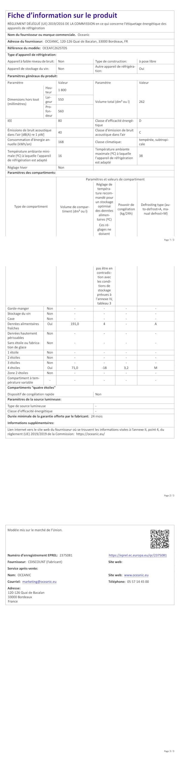 OCEANIC Réfrigérateur combiné OCEAFC262STDS - 262 L - Classe D - 55 x 56 x 180 cm - Silver