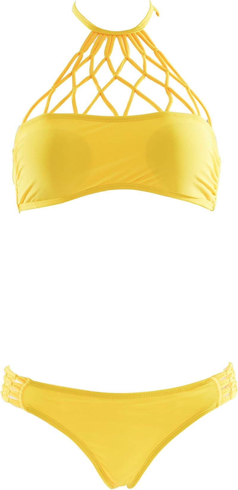 Women's Sexy Plain Wire Free High Leg Color Block Triangle Bralette Bikini from, Net Structure Yellow, M