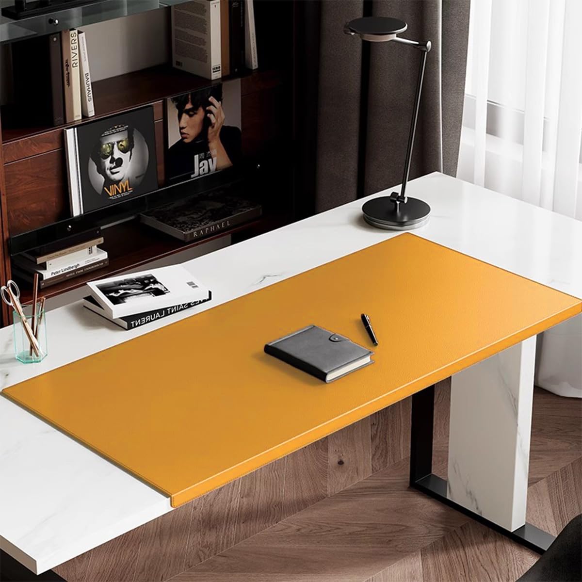 Sewing Edge Table Mat, Large PU Leather Desk Pad with Edge Protector, Non-Slip Waterproof Laptop Mouse Mats for Office Home Decor Work Game Study Typing (Yellow,80x50cm)