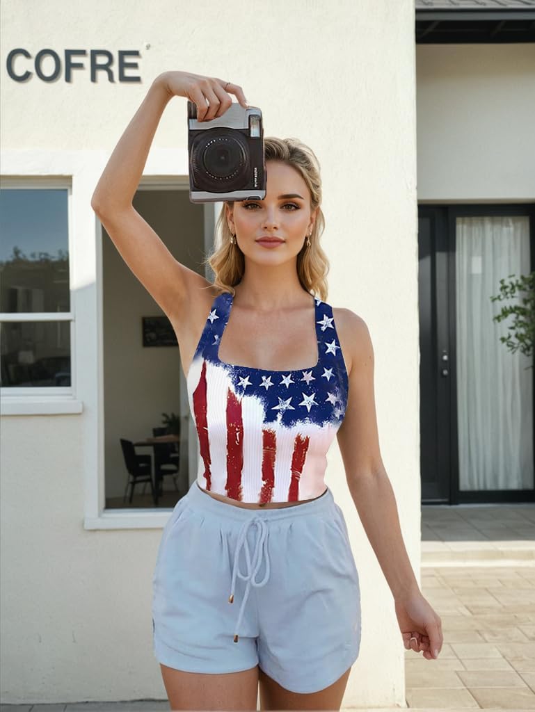 American Flag Crop Tank Tops Women Patriotic 4th of July USA Flag Sleeveless T Shirt Summer Tee Tops - Image 4